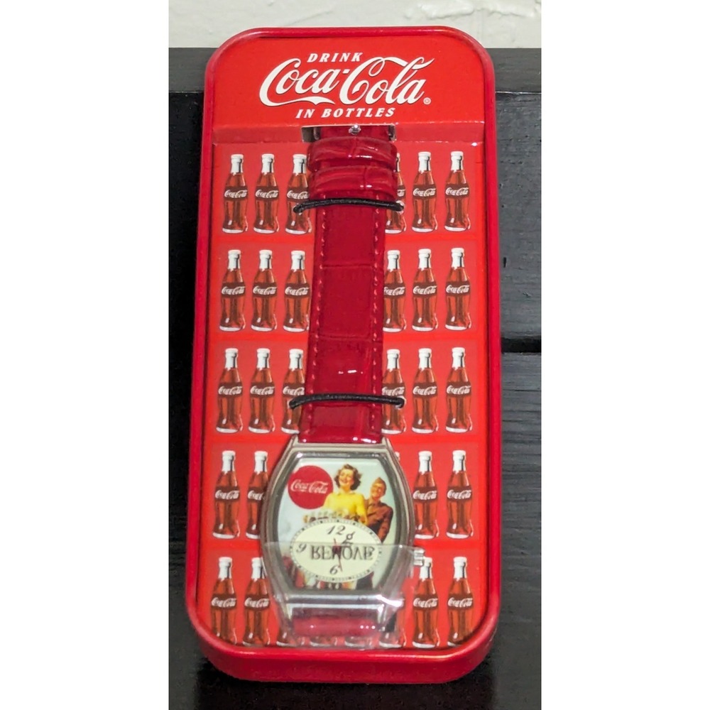 Vintage Coca Cola Red Band Watch in Original Refrigerator Tin Box and Packaging